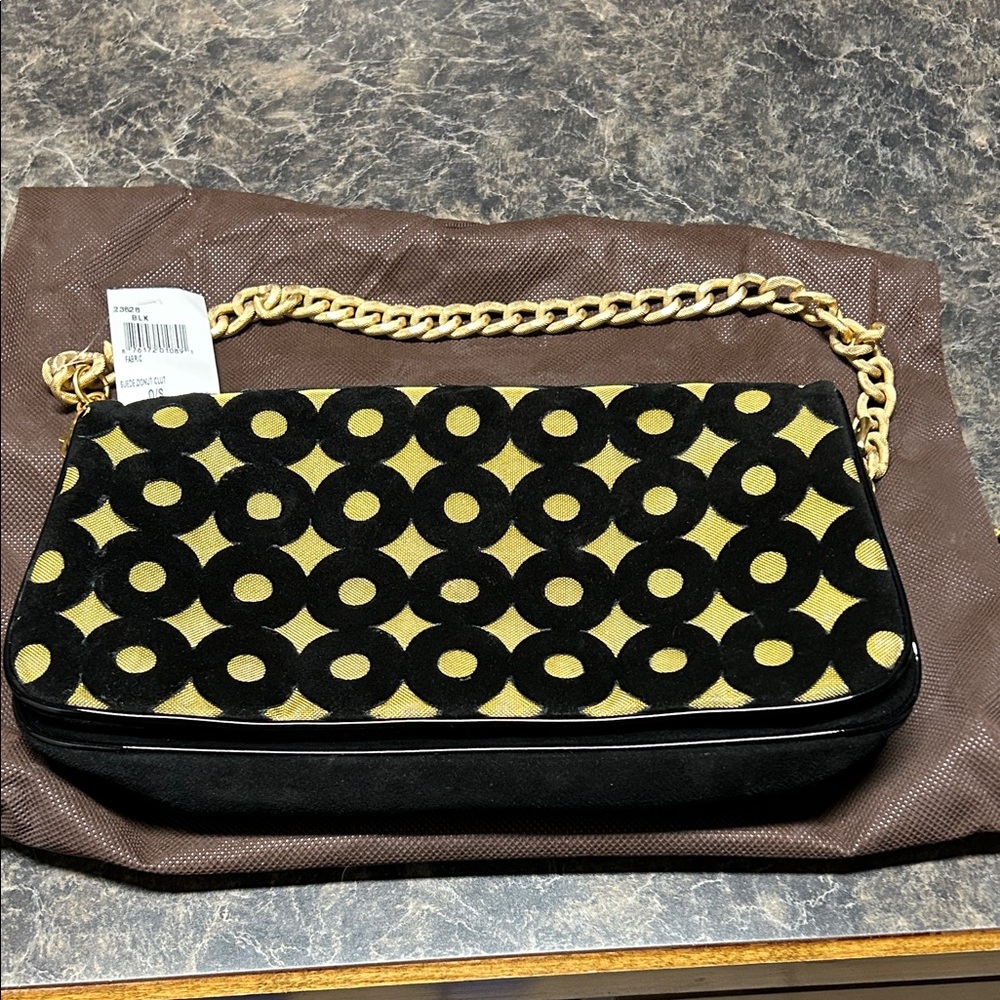 Eric Javits - Black / Gold Suede & Fabric Clutch with Goldtone Chain Strap. NWT